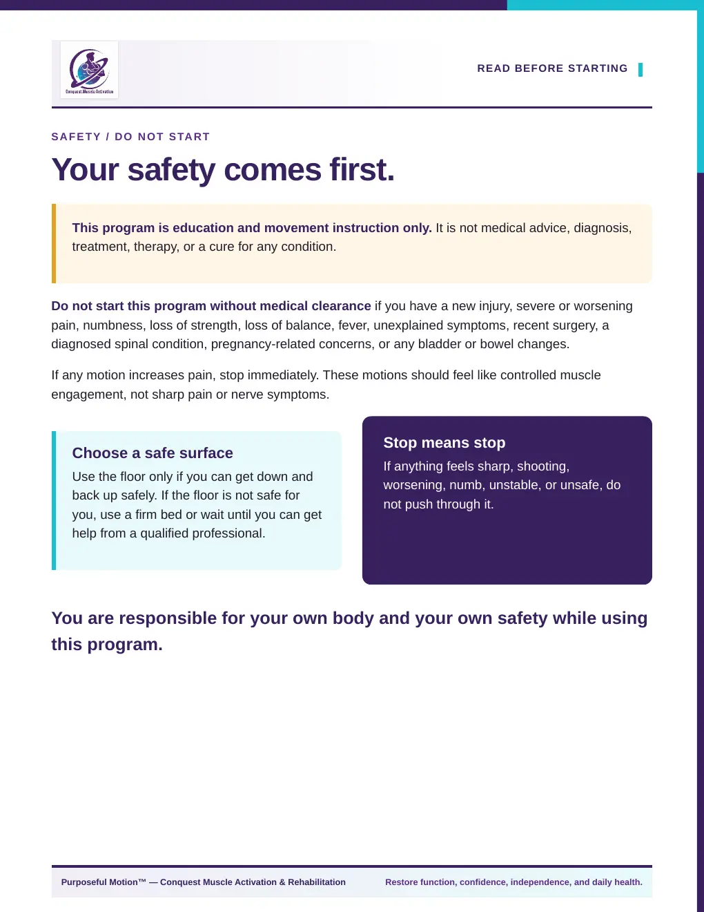 Safety and orientation page from the actual Less-ercise: Low Back Pain PDF programme